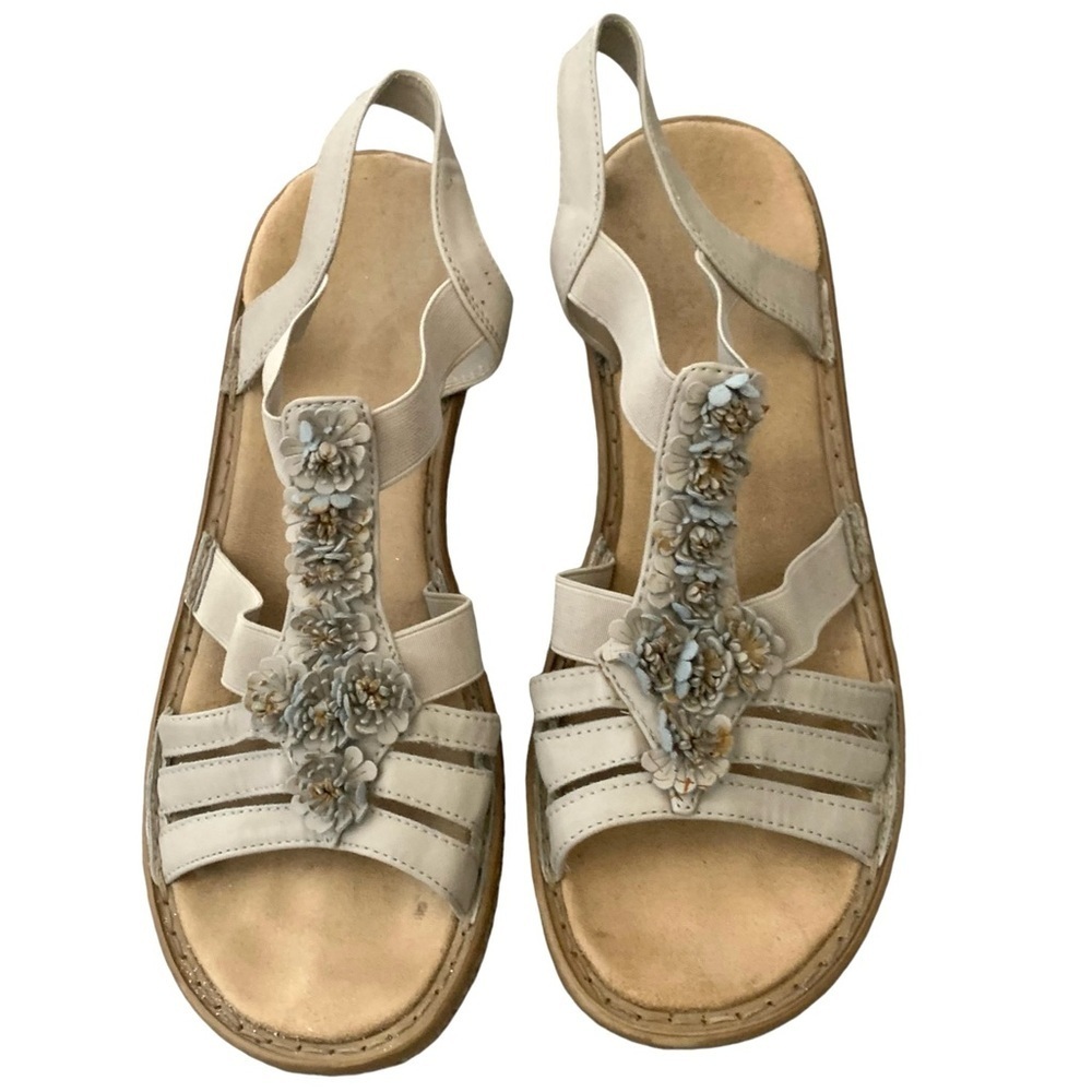 Rieker 11.5 (42) leather taupe cushion low heel slip on flower elastic sandals‌